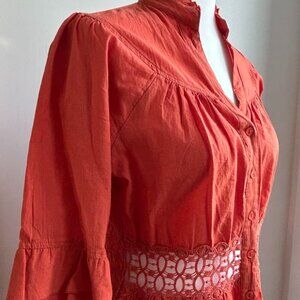 Anonyme Sans Toi Orange Cotton Blouse With Crochet Waist & Tiered Sleeves – US 6